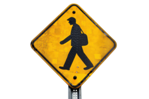 Yellow pedestrian crossing traffic sign with a walking figure, isolated on transparent background. representing safety and road caution. png