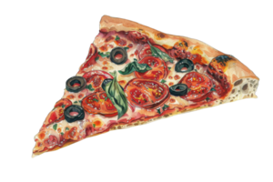 A delicious slice of pizza with toppings including tomatoes, olives, and fresh basil on a thin crust. Perfect for food illustrations or menus. png