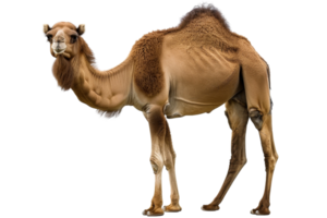 A detailed stock photo of a camel standing on a transparent background. showcasing its unique features and desert adaptations. png