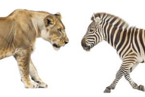 A close-up scene of a lioness and zebra facing each other, illustrating predator-prey dynamic in wildlife against a transparent background. png