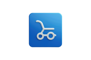 Blue rectangular icon featuring a baby stroller symbol in white. Modern and minimalistic design for digital applications or websites. png