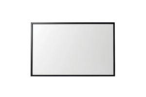 Minimalistic photo of a blank whiteboard with a black frame, perfect for presentations, educational, and business use. png