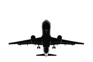Front view of an airplane in flight against a dark background, emphasizing aviation and travel concepts. png