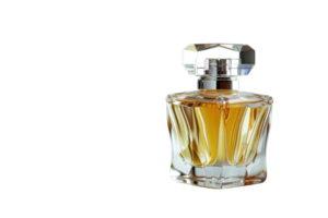 Elegant perfume bottle with golden liquid, clear glass design, perfect for fragrance advertising, luxury product photography, isolated on white. png