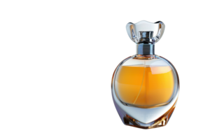 Elegant perfume bottle with amber liquid, isolated on a transparent background. Perfect for beauty and fragrance-related media use. png