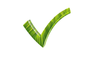 Green check mark symbol made of leaf texture on a transparent background, representing approval, success, or environmental friendliness. png