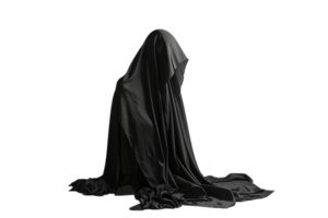 Mysterious figure draped in black fabric, creating an eerie and haunting atmosphere perfect for Halloween or horror-themed projects. png