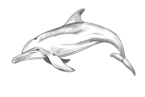 Detailed illustration of a dolphin swimming gracefully in the ocean, showcasing its sleek body and playful nature against a transparent background. png
