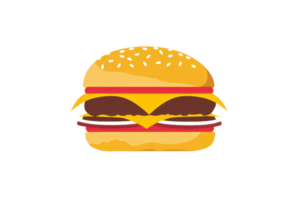 illustration of a classic cheeseburger with lettuce, tomato, and double beef patty on a sesame seed bun. png