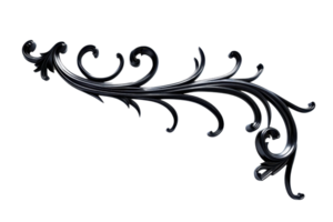 Elegant black floral ornamental design element with decorative swirls and curves, perfect for invitations or decorative projects. png