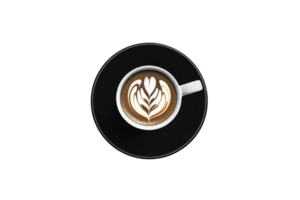 Top view of a cup of cappuccino with latte art on a black saucer, isolated on a transparent background. Minimalistic coffee beverage presentation. png