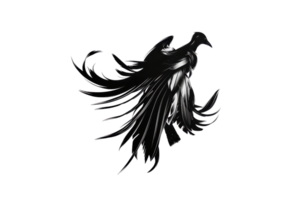 Digital illustration of a black ethereal figure with flowing feathers against a transparent background. depicting a mystical and dark fantasy element. png