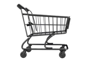 Side view of an empty shopping cart with black frame, isolated on a transparent background. ready for grocery or retail shopping. png
