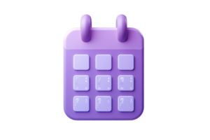 3D purple calendar icon with square date spaces, isolated on transparent background. perfect for scheduling and planning themes. png