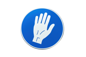 Blue circular stop sign with a white hand symbol indicating no entry or restriction, isolated on a transparent background. png