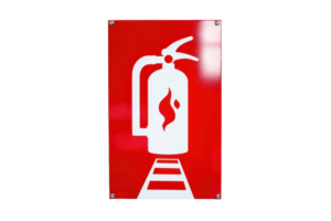 A red fire extinguisher sign indicating safety equipment location, essential for fire emergency preparedness and public safety. png