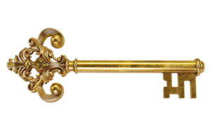 Ornate golden antique key with intricate design on the handle, isolated on transparent background. symbolizing security and unlocking secrets. png