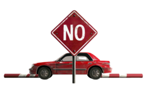 Red car stopped by barrier with prominent no entry sign, representing traffic restriction and roadblock concept. png