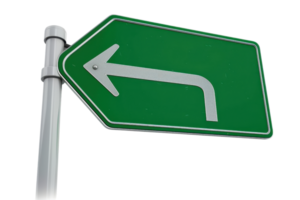 Green road sign with a left turn arrow, indicative of navigation or direction on a transparent background. Useful for traffic and transport themes. png