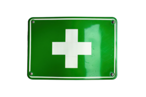 Green first aid sign with white cross symbol, representing emergency medical assistance. High-quality image for healthcare and safety usage. png