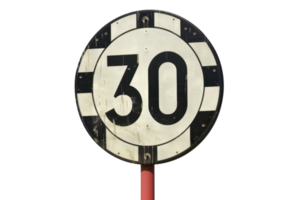 Circular speed limit sign indicating a maximum speed of 30 kilometers per hour, against a transparent background. clear and directive for road safety. png