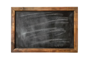 A blank wooden-framed chalkboard with smudges, ideal for education, presentation, or menu design. High-resolution image for versatile usage. png