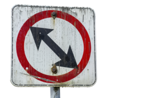 Old and weathered traffic sign indicating prohibited left and right turns, isolated on transparent background. Urban decay and transportation concept. png