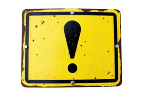 Rusted yellow warning sign with exclamation mark, isolated on transparent background. Ideal for safety and caution themes. png
