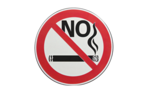 A no smoking sign indicating a smoke-free area, featuring a cigarette crossed out in red with the word 'NO' displayed prominently. png