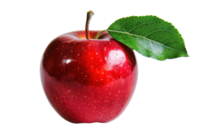 Close-up of a fresh, shiny red apple with a green leaf, isolated on a transparent background. Perfect for healthy eating and fruit-related concepts. png