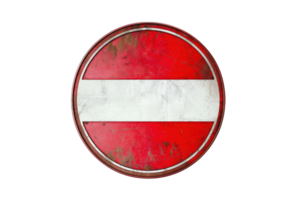 Close-up of a weathered no entry road sign with a red and white color scheme, isolated on a transparent background. png