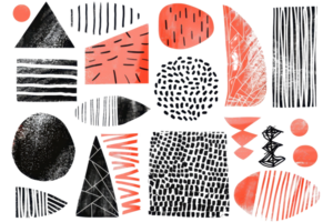 Abstract geometric shapes in black and red. Hand-drawn patterns and lines create a modern and artistic design. png