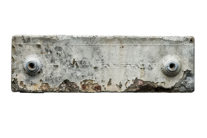 Close-up of a weathered, rusty, and damaged concrete block with bolts, isolated on transparent background. png