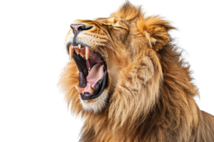 Close-up of a majestic lion roaring with its mouth wide open, showing sharp teeth and a mane on a black background. png
