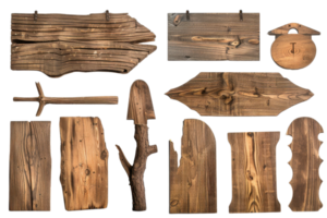 Collection of rustic wooden signs of various shapes and sizes, isolated on a transparent background. perfect for decoration or signage purposes. png