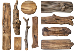 Collection of isolated wooden signs and planks in various shapes, ideal for rustic decor, crafting, or design projects. png