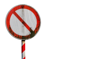 Old weathered no entry sign with red and white stripes, isolated on black background, showing signs of rust and wear. png