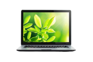 Open laptop displaying a green leafy screen, isolated on transparent background. representing technology and nature integration. png