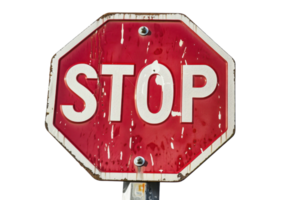 Red octagonal stop sign with weathered surface against a clear background, symbolizing traffic control and road safety measures. png
