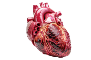 Detailed anatomical model of a human heart isolated on a transparent background. showcasing intricate vein and artery structure. png