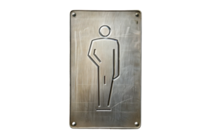 Silver metallic brushed restroom sign with a simplified human figure, indicating a men's bathroom or lavatory. Etched and visually distinct. png