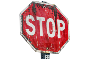 Rusty weathered old stop sign with peeling paint, isolated on transparent background. Symbol of caution and road safety. png