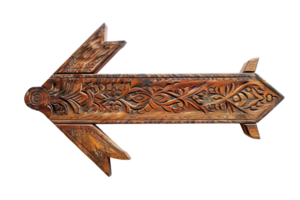 Intricately carved wooden arrow direction sign with floral patterns on a transparent background. showcasing traditional craftsmanship and rustic charm. png