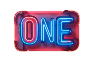 Vibrant neon sign displaying the word 'ONE' in bold colorful letters, perfect for advertising, retro themes, and nightlife concepts. png