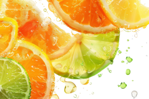 Vibrant slices of citrus fruits, including orange, lemon, and lime, with fresh water droplets, creating a refreshing and colorful composition. png