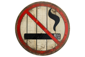 Vintage no smoking sign with a red circle and slash over a cigarette icon on wooden background, symbolizing prohibition in a rustic style. png