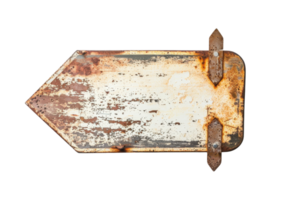 Vintage rusty metal arrow sign isolated on transparent background. Weathered and distressed industrial signage pointing direction. Grunge retro style. png