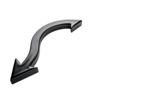 A sleek black curved arrow pointing downwards on a transparent background, ideal for presentations, instructions, and web designs. png