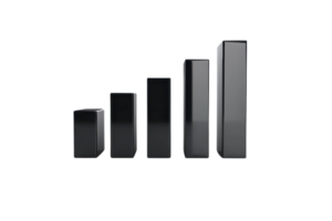 3D black digital signal strength bars with glossy finish, representing network connectivity and data signal strength in technology. png