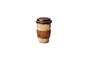 A rustic, eco-friendly, reusable coffee cup with a cardboard sleeve and lid, isolated on a transparent background. Perfect for sustainability themes. png